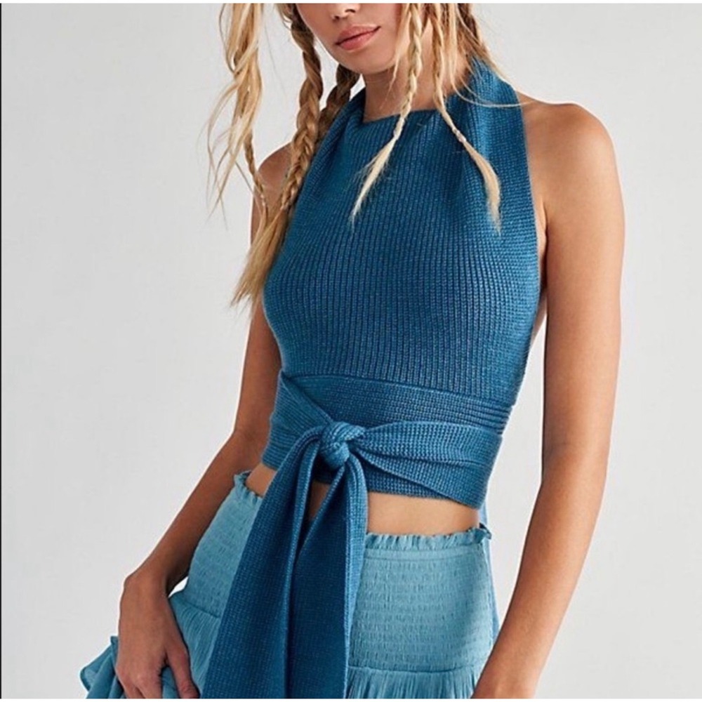 Free People Beach Orchid Convertible Wrap Halter Top Blue Knit Size Large